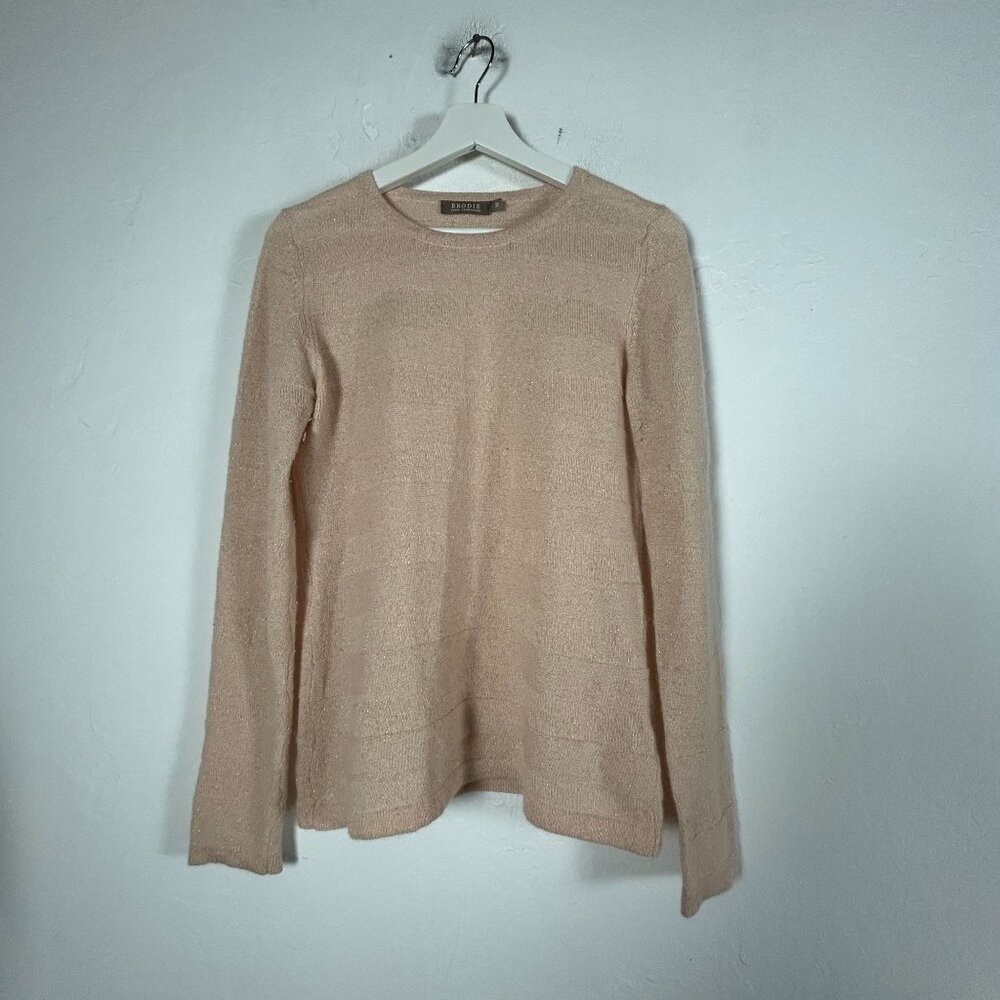 Brodie Womens Beige Fine Cashmere Sweater Medium Metallic Pullover Crewneck
